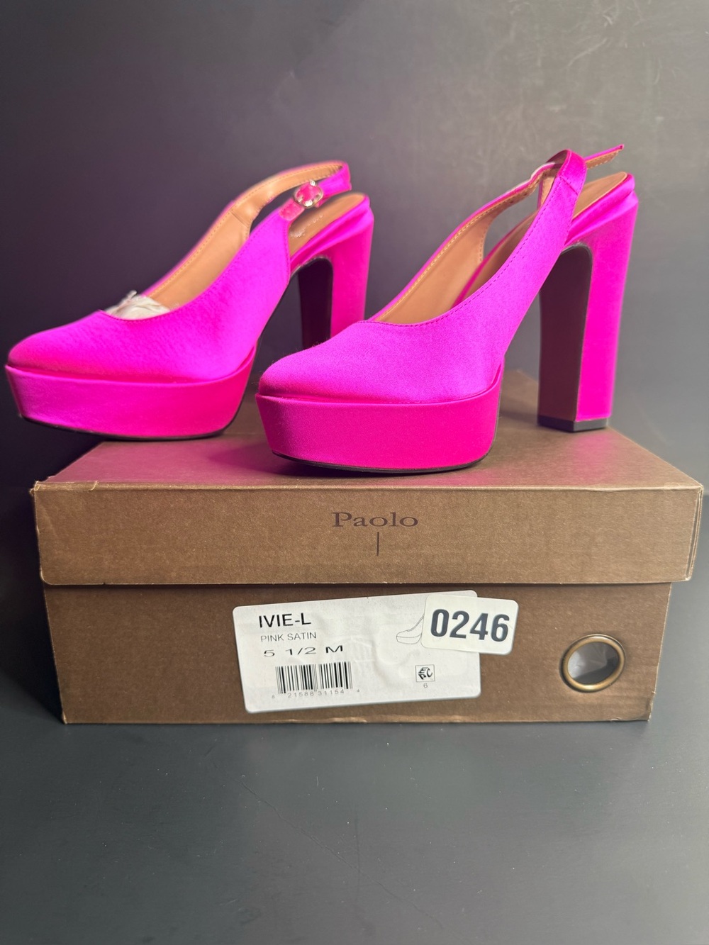 Paolo Hot Pink Satin Platform Slingback Heels Size 7 NEW 5” Block Heel